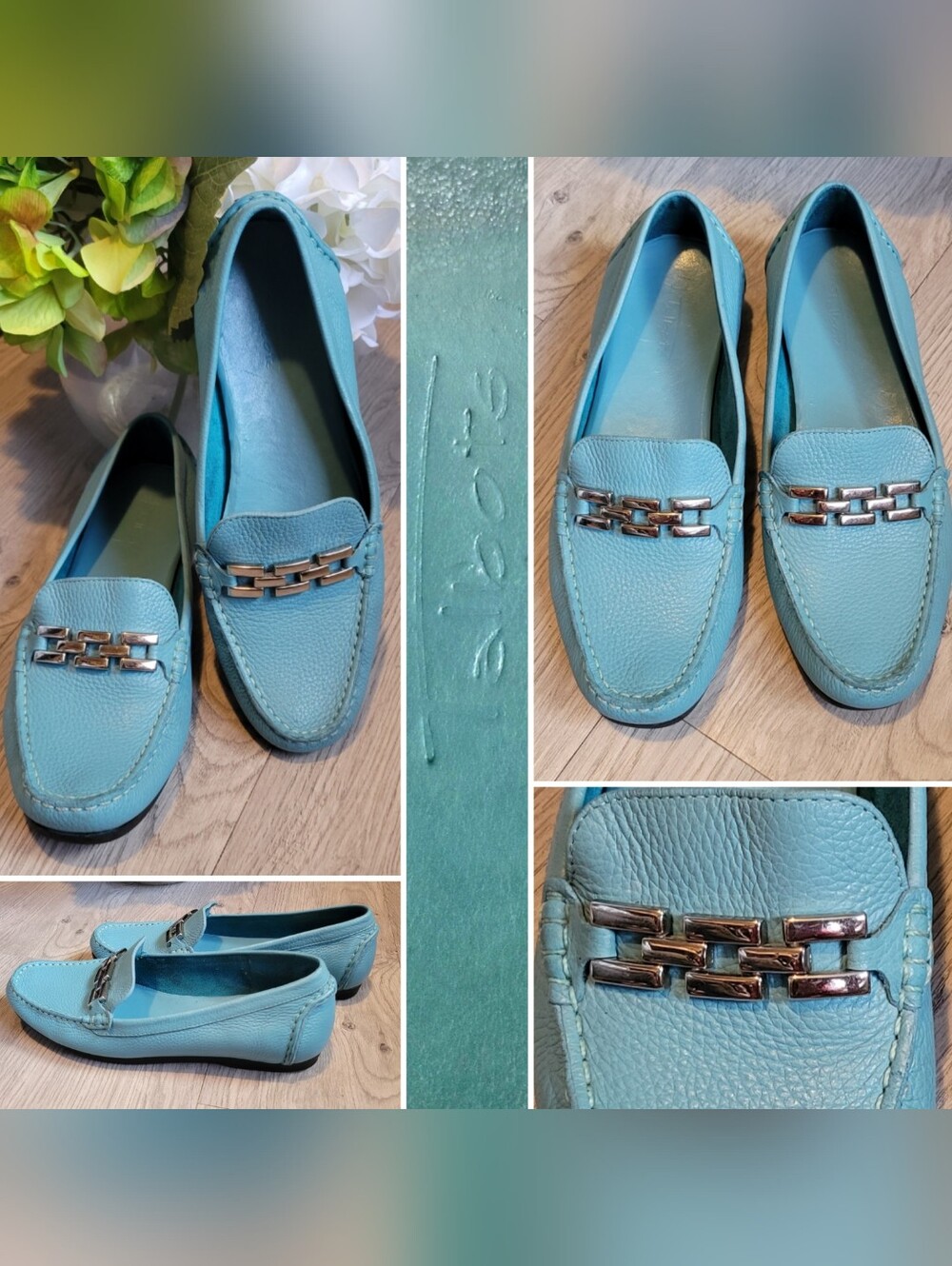 Talbots Nadia Aquamarine Leather & Silver Horsebit Chain Driving Loafers, US 6.5